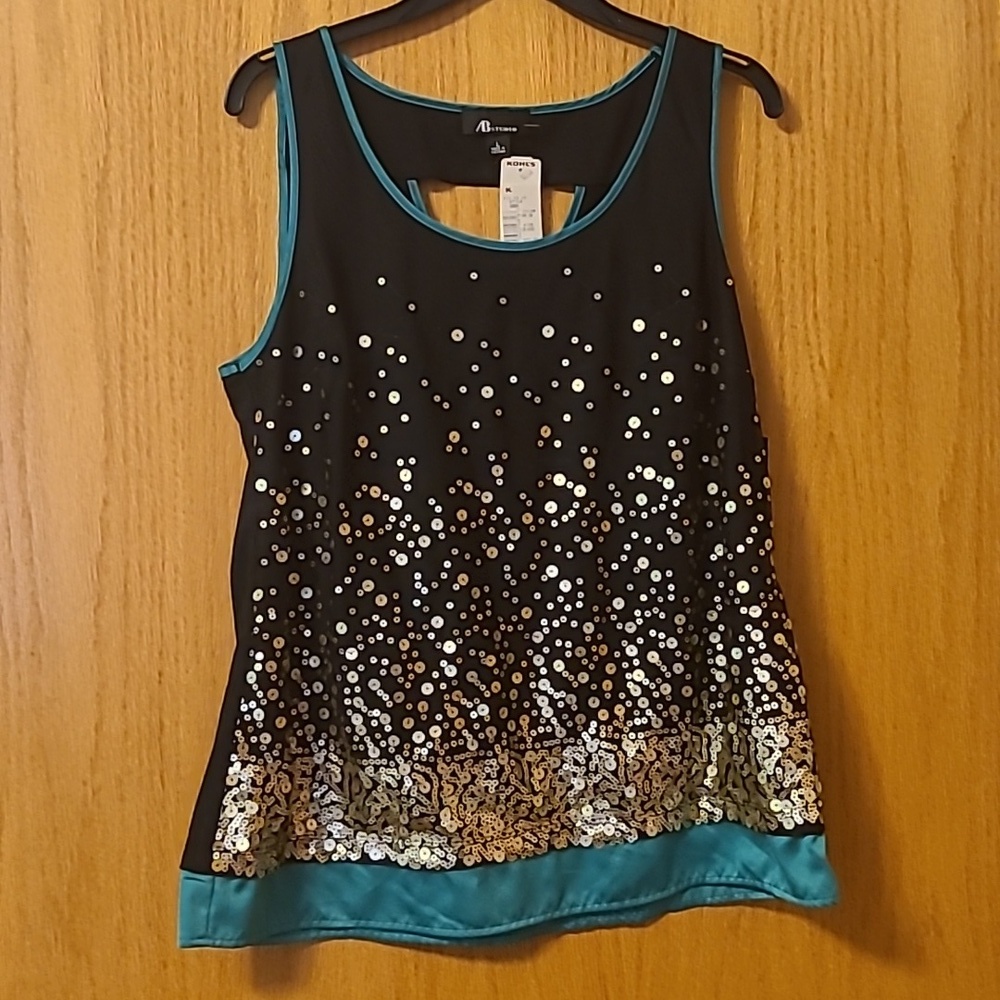 NWT AB Studio Black/Teal Sequined Tank Top